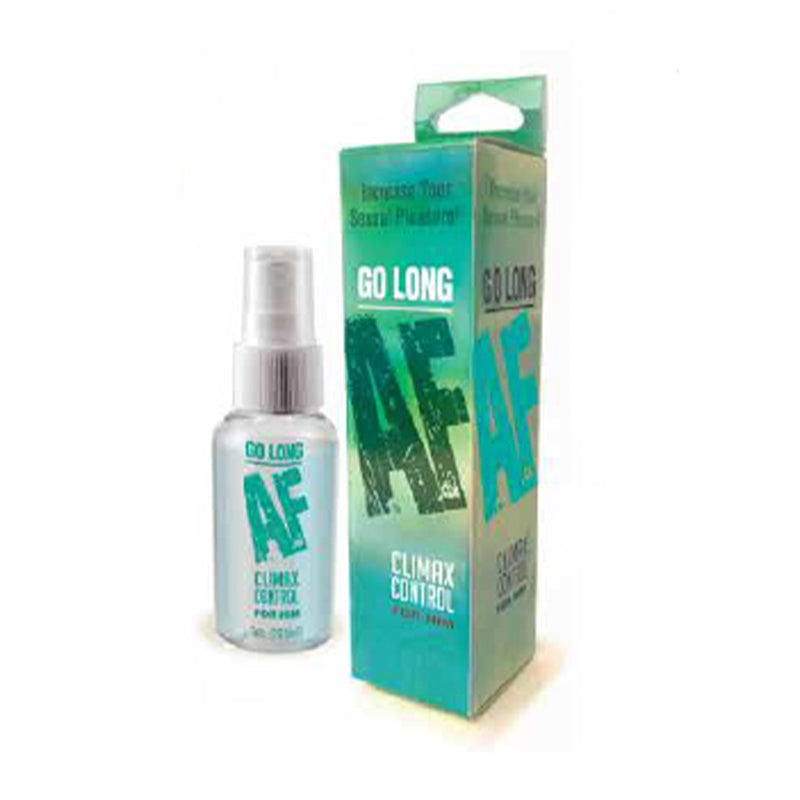 Go Long AF Climax Control Desensitizing Spray 1 oz. Little Genie Go Long AF 1 oz pump bottle beside teal retail box