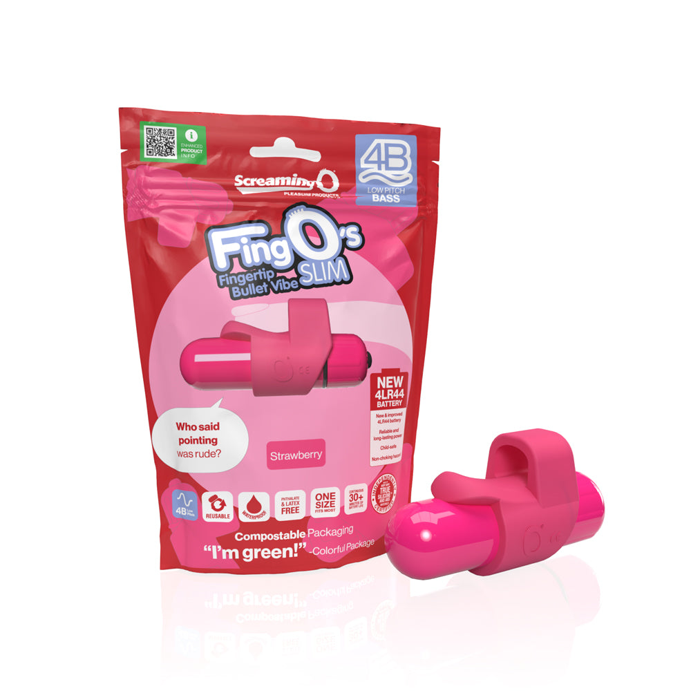 Screaming O 4B FingO Slim Strawberry pink Screaming O 4B FingO Slim finger vibrator beside red pouch