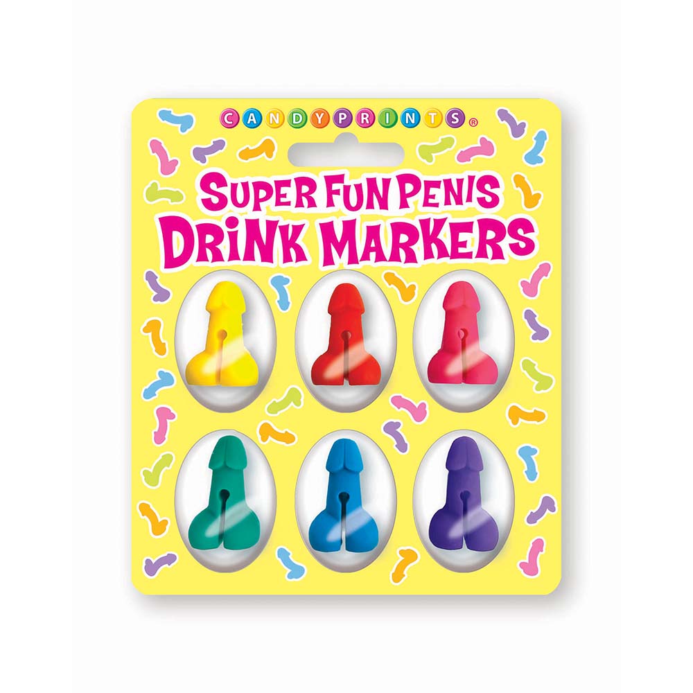 Super Fun Penis Drink Markers 6-Piece Set six colorful penis-shaped drink markers arranged on yellow card