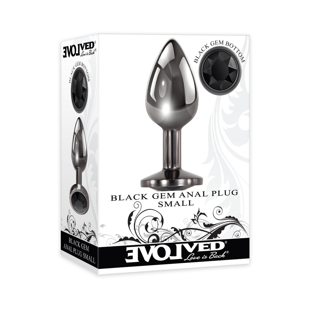 Evolved Black Gem Anal Plug Small Small Evolved Black Gem plug beside white retail box