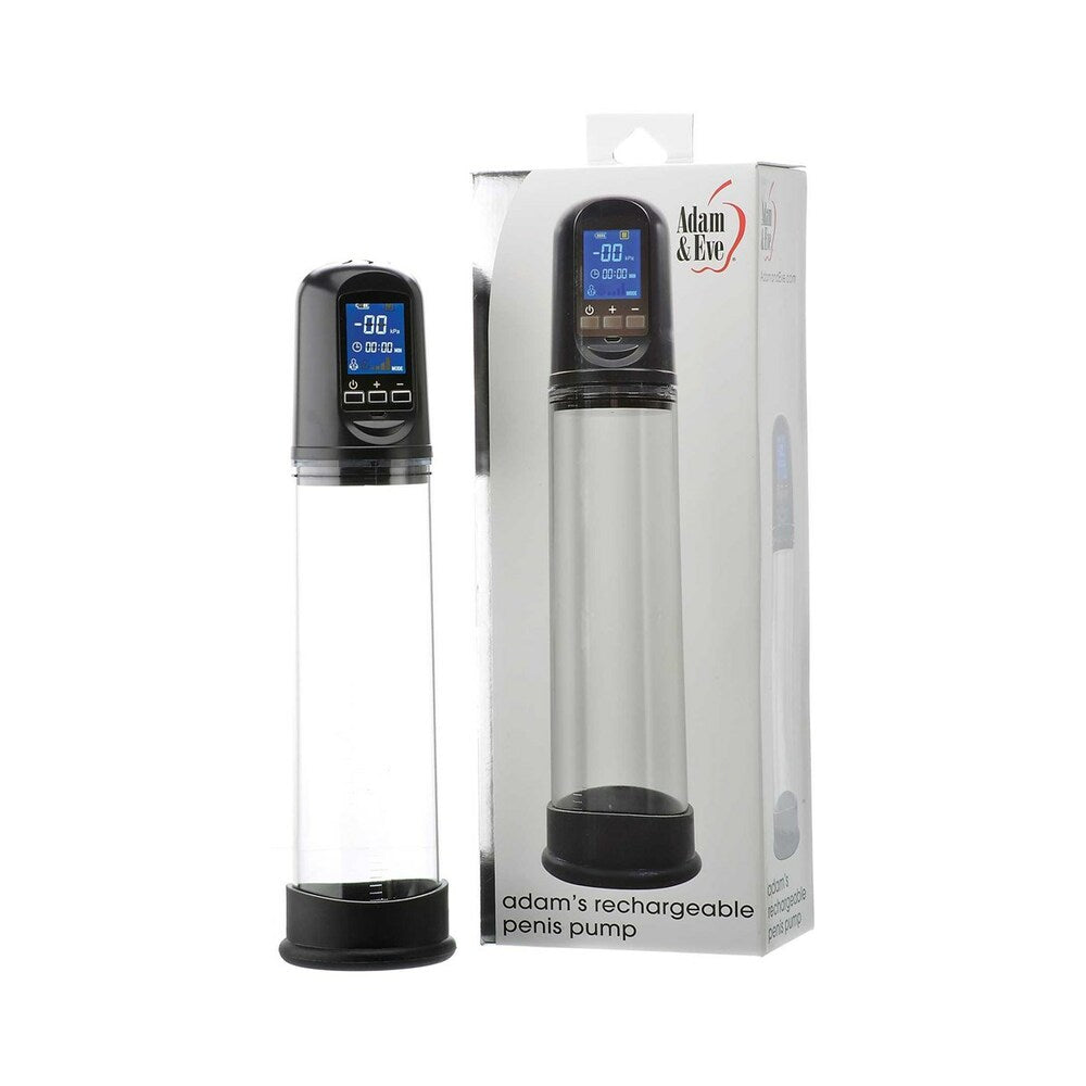 Adam & Eve Adam''s Rechargeable Penis Pump Adam & Eve rechargeable clear digital penis pump upright beside white retail box