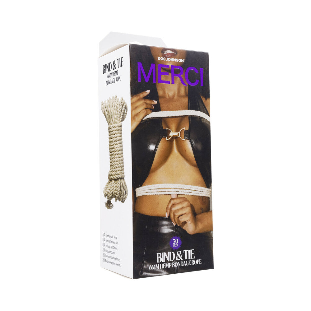 Merci Bind & Tie 6mm Hemp Bondage Rope 30 '' Natural natural tan Merci 6 mm hemp rope pictured on white retail box