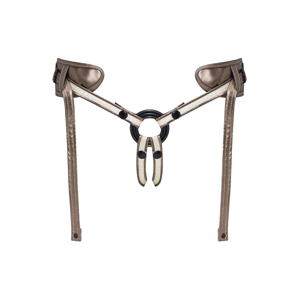 Strap-On-Me Leatherette Harness Desirous Lovely Planet Desirous bronze leatherette strap-on harness flat front view with adjustable straps and center O-ring