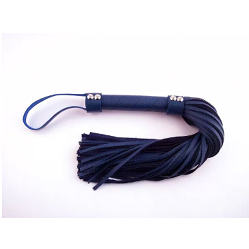 Rouge H-Style Leather Flogger Blue Rouge Blue Leather H-Style Flogger blue wrapped handle with wrist loop and bundle of flat falls