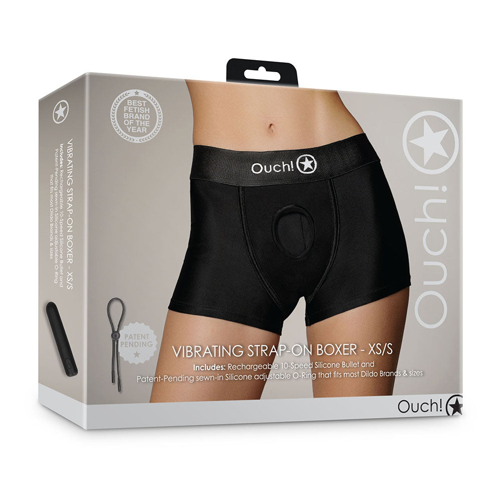 Ouch! Vibrating Strap-on Boxer Black XS/S Shots Ouch black XS/S vibrating strap-on boxer front retail box