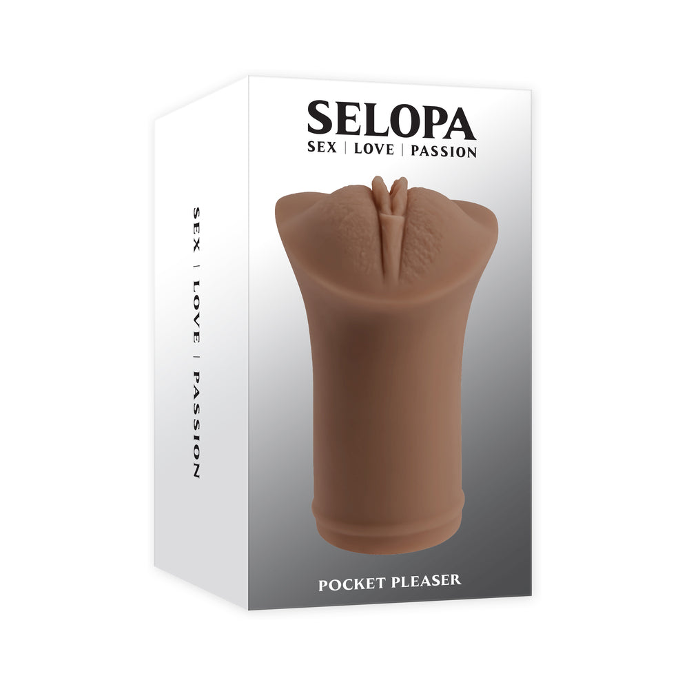 Selopa Pocket Pleaser Stroker Dark dark-tone Selopa Pocket Pleaser stroker pictured in white box