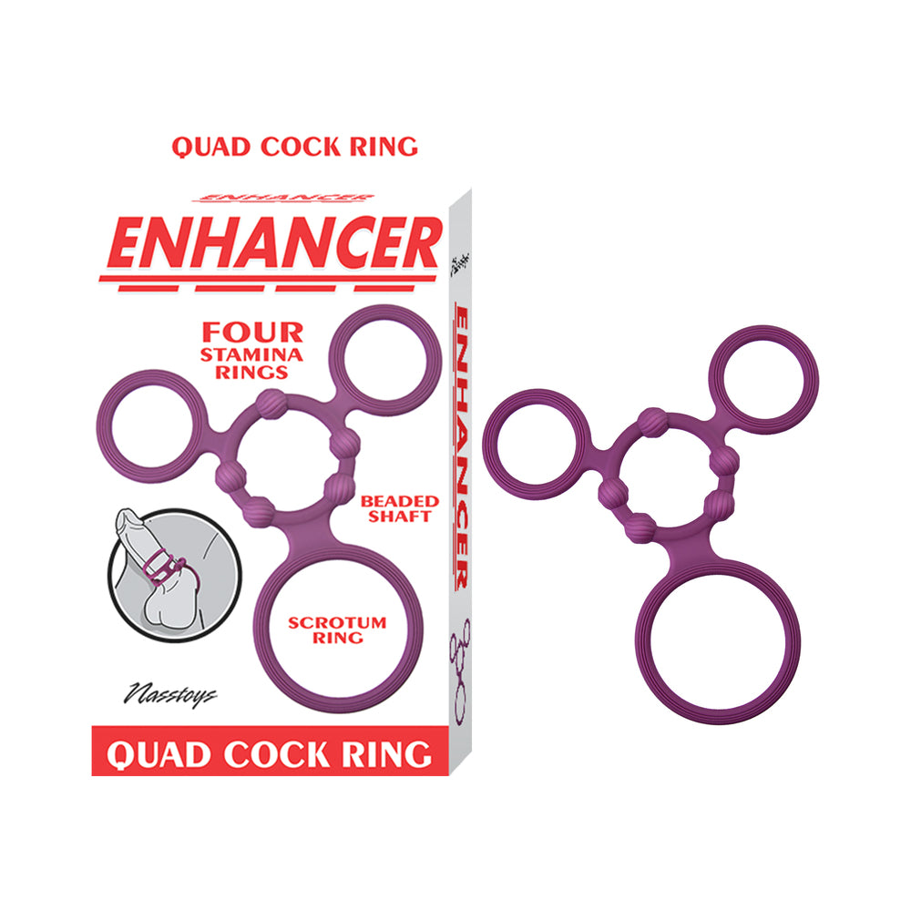 Enhancer Quad Cockring Rubine Red Rubine red Enhancer Quad beside illustrated retail card