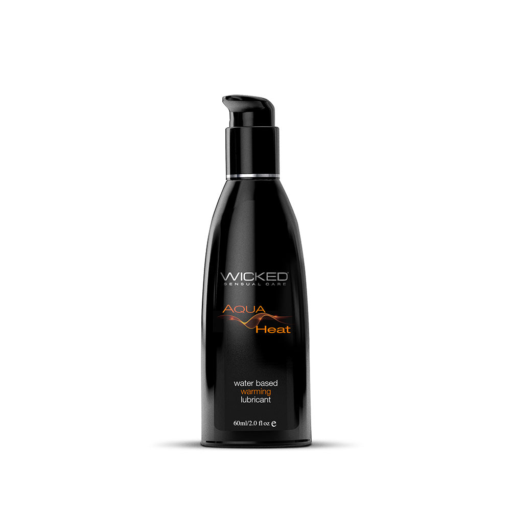 Wicked Aqua Heat Water-Based Warming Lubricant 2 oz. Wicked Aqua Heat Lubricant black curved pump bottle front with orange lettering