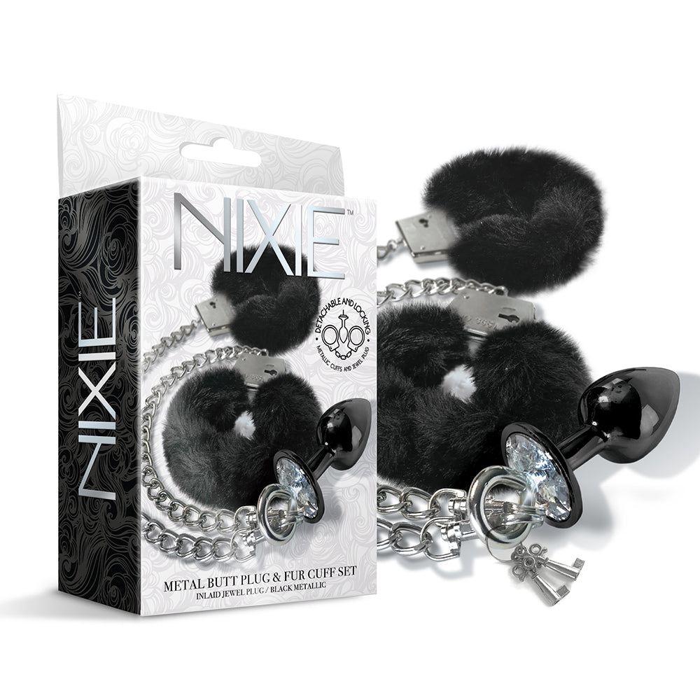 NIXIE Metal Butt Plug & Furry Handcuff Set Medium Black NIXIE medium black metal plug and furry handcuff set arranged beside monochrome retail box