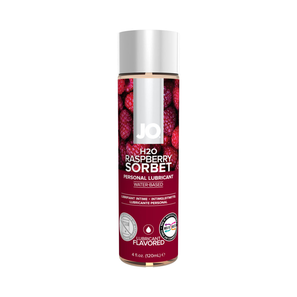 JO H2O Raspberry Sorbet Flavored Water-Based Lubricant 4 oz. System JO H2O Raspberry Sorbet bottle with magenta berry label