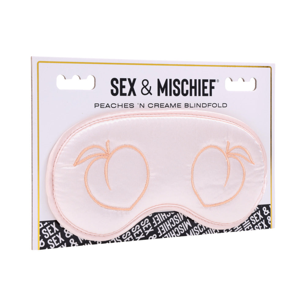 Sportsheets Sex & Mischief Peaches ''n CreaMe Blindfold peach satin blindfold with embroidered peach outlines in retail packaging