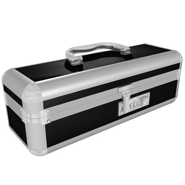 The Toy Chest Lockable Vibrator Case Medium Black Black BMS Toy Chest metal case with silver trim and handle