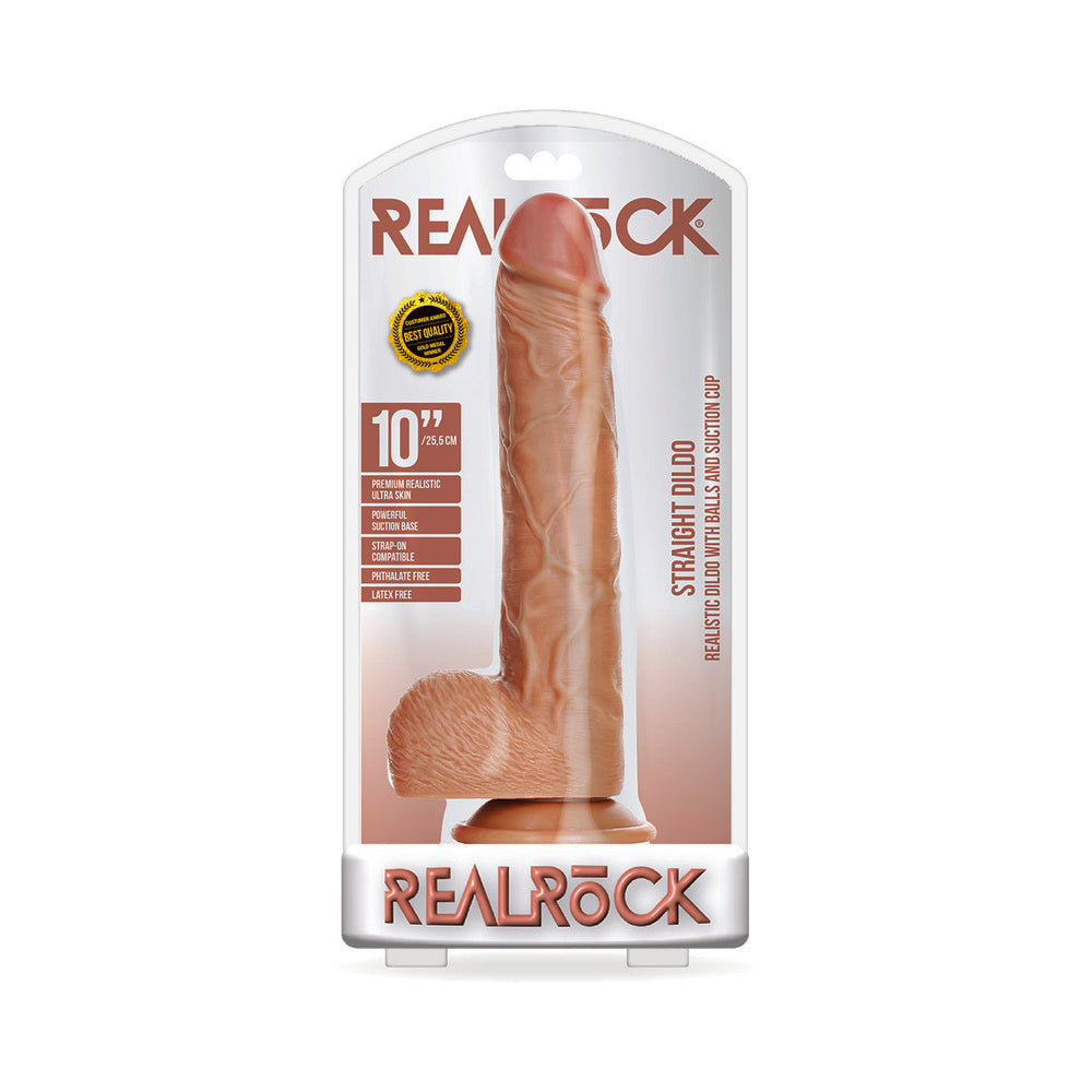 RealRock Realistic 10 in. Straight Dildo With Balls and Suction Cup Tan Tan Shots RealRock 10-inch straight dildo retail package