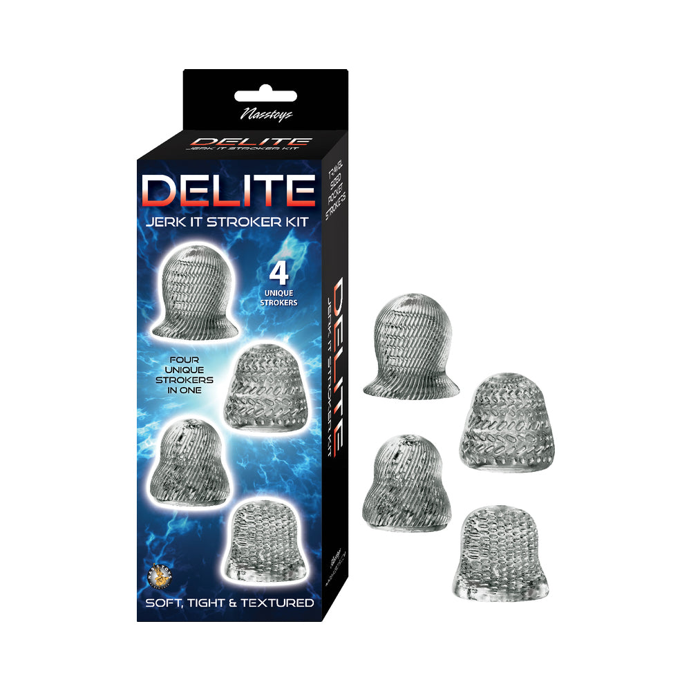 Delite Jerk It Stroker Kit Smoke Four smoke Delite textured sleeves beside black retail box