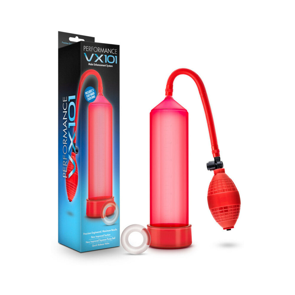 Performance VX101 Male Enhancement Pump Red Blush Performance VX101 red pump transparent red cylinder, red hand bulb and retail box together