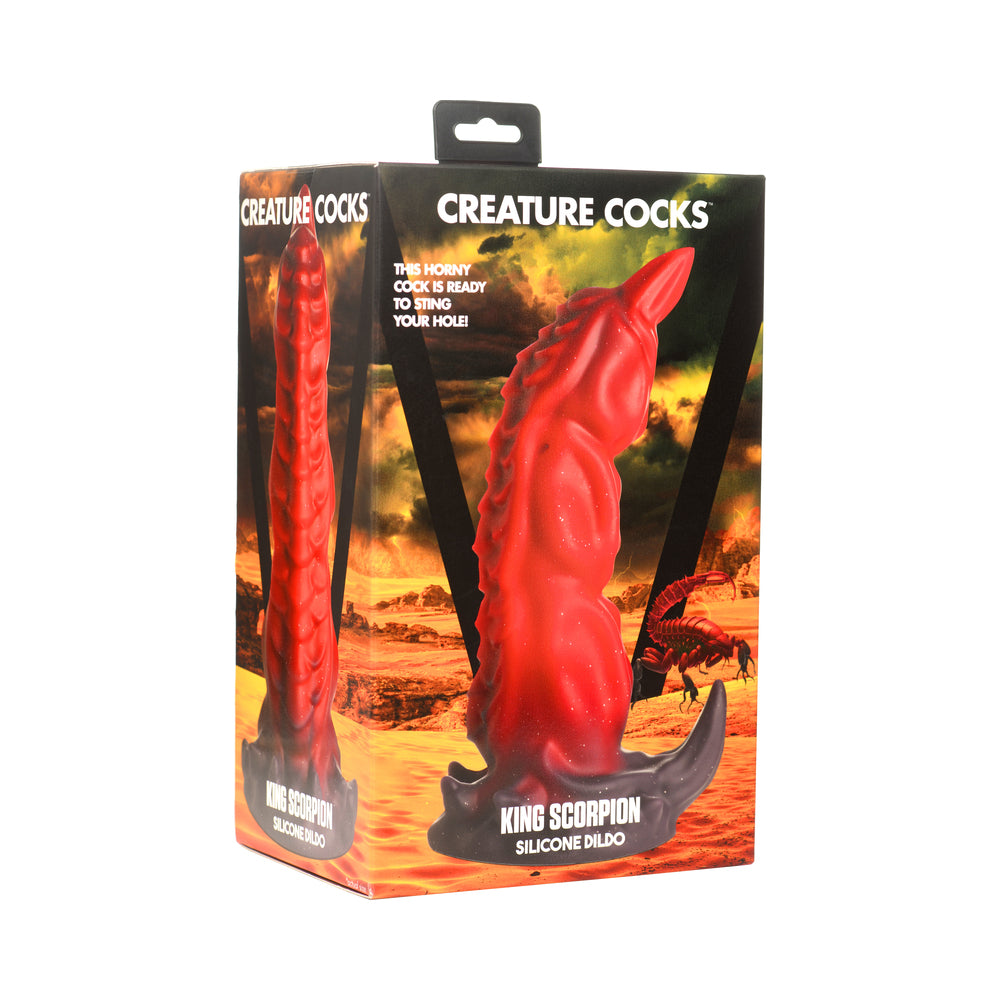 Creature Cocks King Scorpion Silicone Dildo Creature Cocks King Scorpion red segmented dildo beside orange-and-black illustrated retail box
