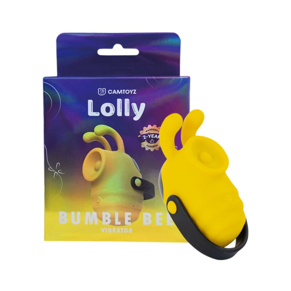 Camtoyz Clitoral Thumper Bumble Bee Camtoyz Bumble Bee yellow thumper beside blue and purple retail box