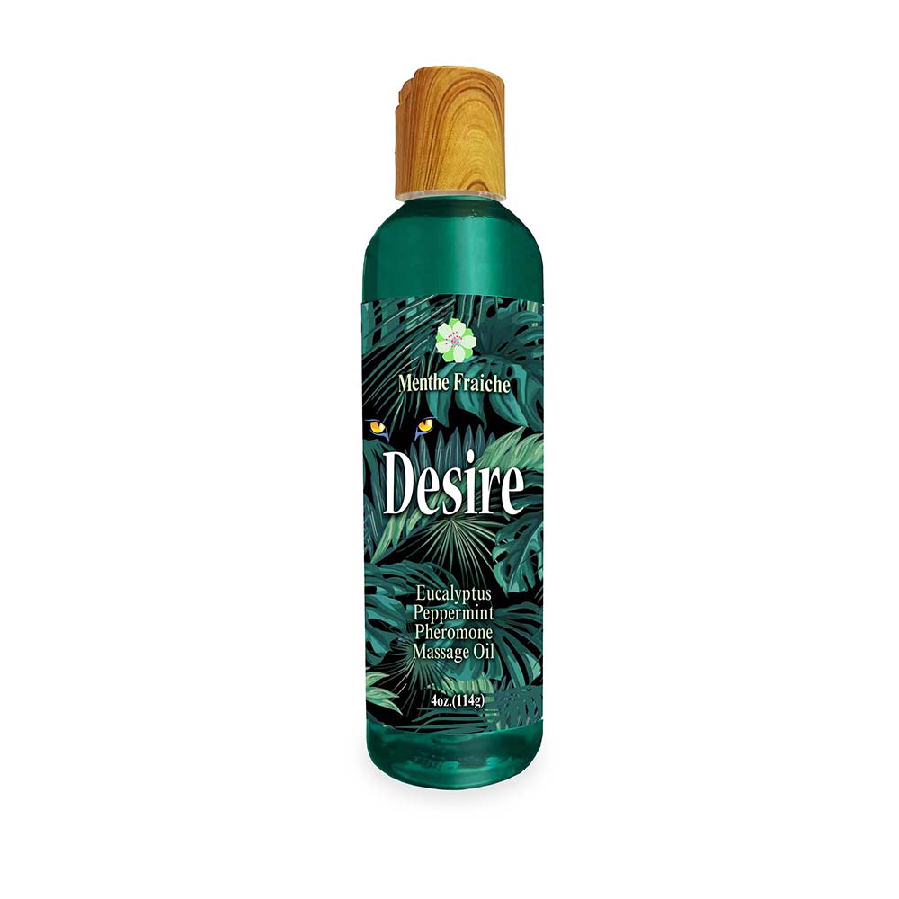 Desire Pheromone Massage Oil Eucalyptus/Peppermint 4 oz. Desire Eucalyptus and Peppermint massage oil in dark green bottle