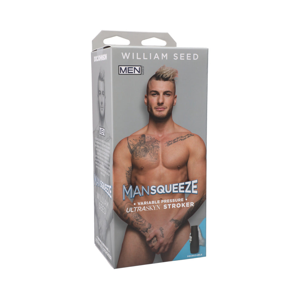 Man Squeeze - William Seed - ULTRASKYN Stroker - Ass Vanilla William Seed Man Squeeze vanilla ass stroker gray retail box with model portrait and product name