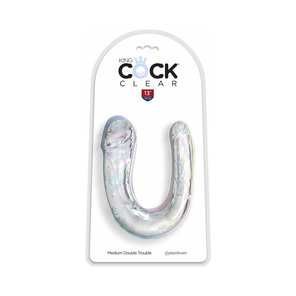 King Cock Clear Medium Double Trouble Clear U-shaped King Cock Medium Double Trouble dildo in white package