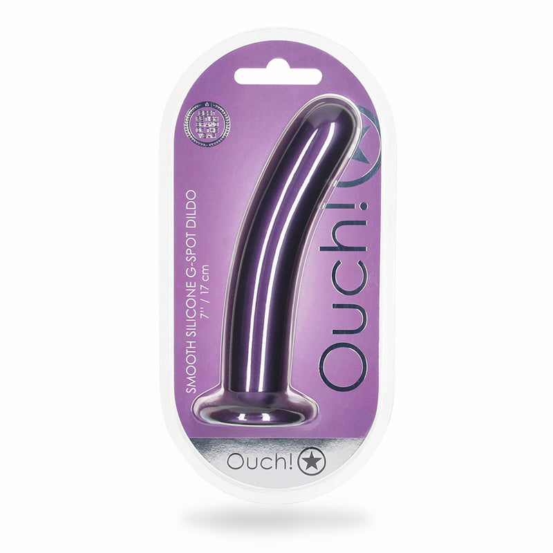 Ouch! Smooth Silicone 7 in. G-Spot Dildo Metallic Purple Shots Ouch metallic purple 7 inch smooth silicone dildo front clamshell package