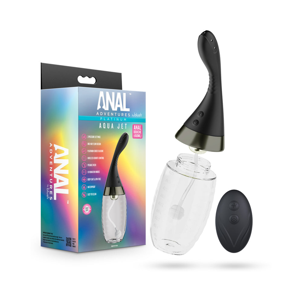Anal Adventures Platinum Aqua Jet Black Black Anal Adventures Aqua Jet with clear reservoir, remote and retail box