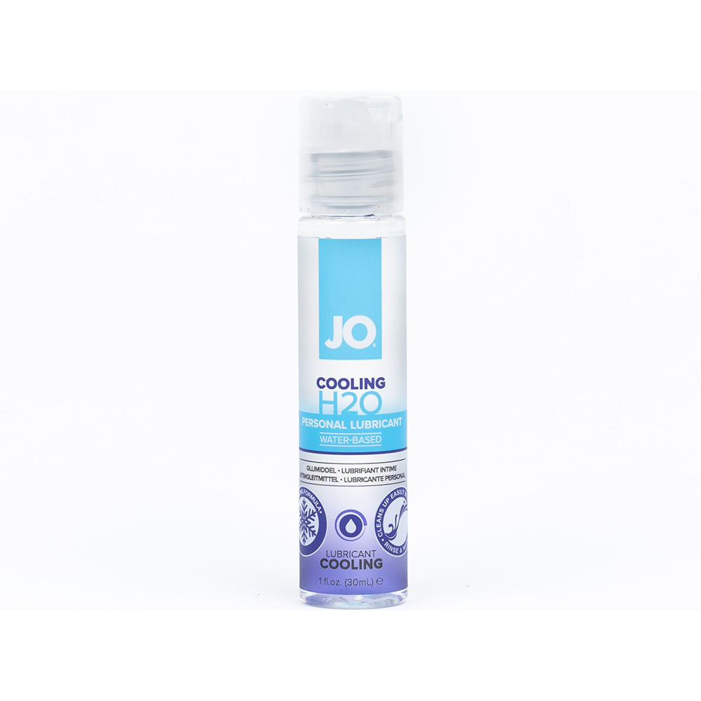 JO H2O Cooling Water-Based Lubricant 1oz. Slim 1 oz JO H2O Cooling bottle with blue label and white cap