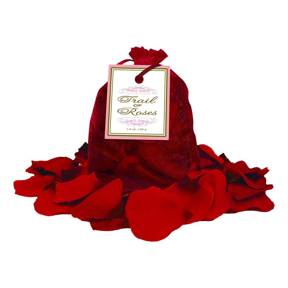 Trail of Roses Trail of Roses red petals around drawstring gift bag and card