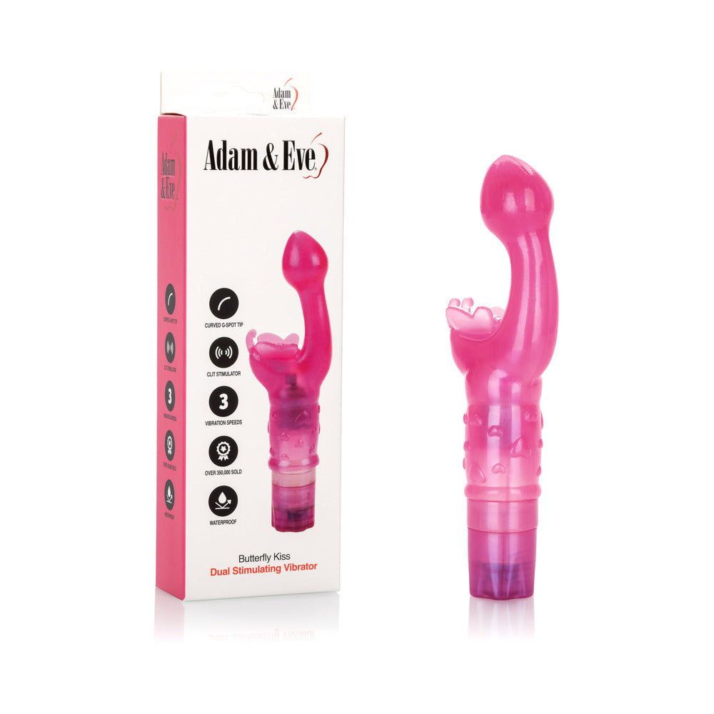Adam & Eve Butterfly Kiss Adam & Eve Butterfly Kiss pink vibrator beside white retail box