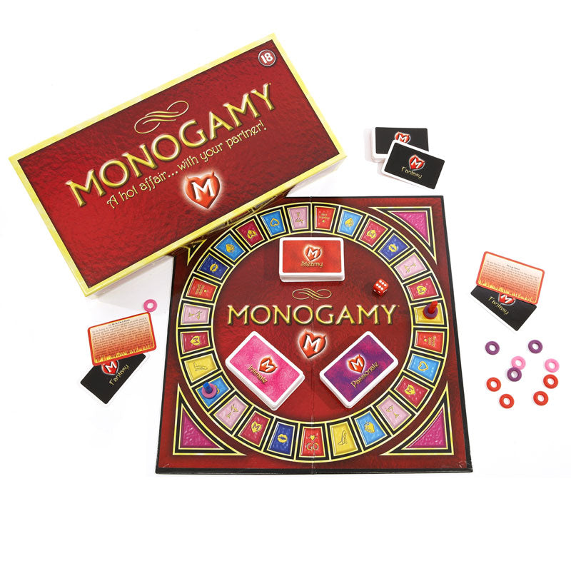 Monogamy A Hot Affair…With Your Partner Monogamy Couples Board Game game board box cards counters and dice