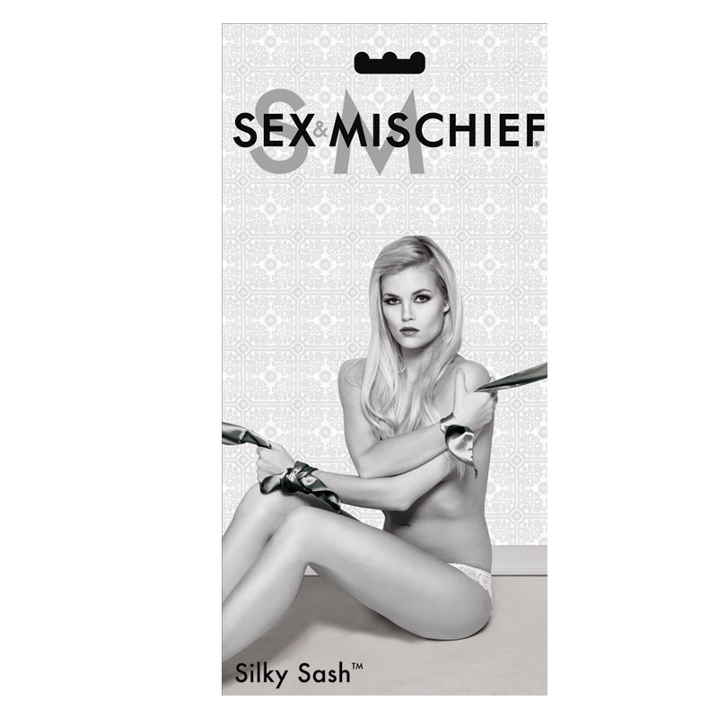 Sportsheets Sex & Mischief Silky Sash Restraints Black Sex and Mischief Silky Sash black and white hanging retail card