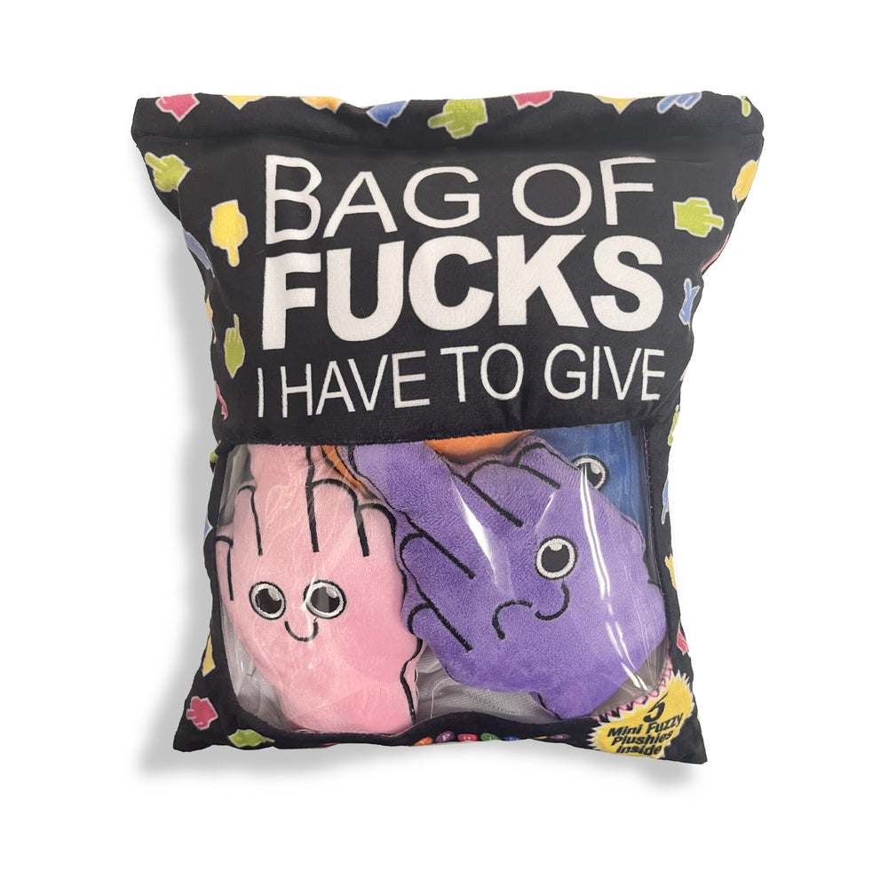 Bag of Fucks I Have to Give Plushy Pillow with 5 Fingers Black Bag of Fucks pillow with five multicolor plush fingers