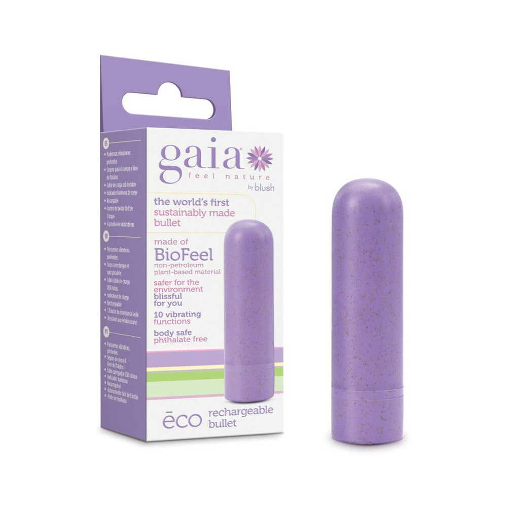 Gaia Eco Rechargeable Bullet Vibrator Lilac Blush Gaia Eco lilac rechargeable bullet vibrator beside package