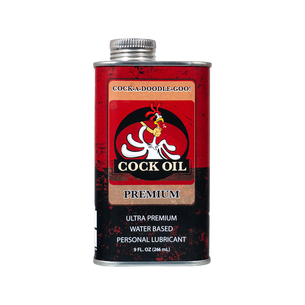 Cock Oil Water-Based Lubricant Metal Can with Inner Plastic Liner 9 oz. Rectangular 9 oz Cock Oil lubricant metal can with silver screw cap
