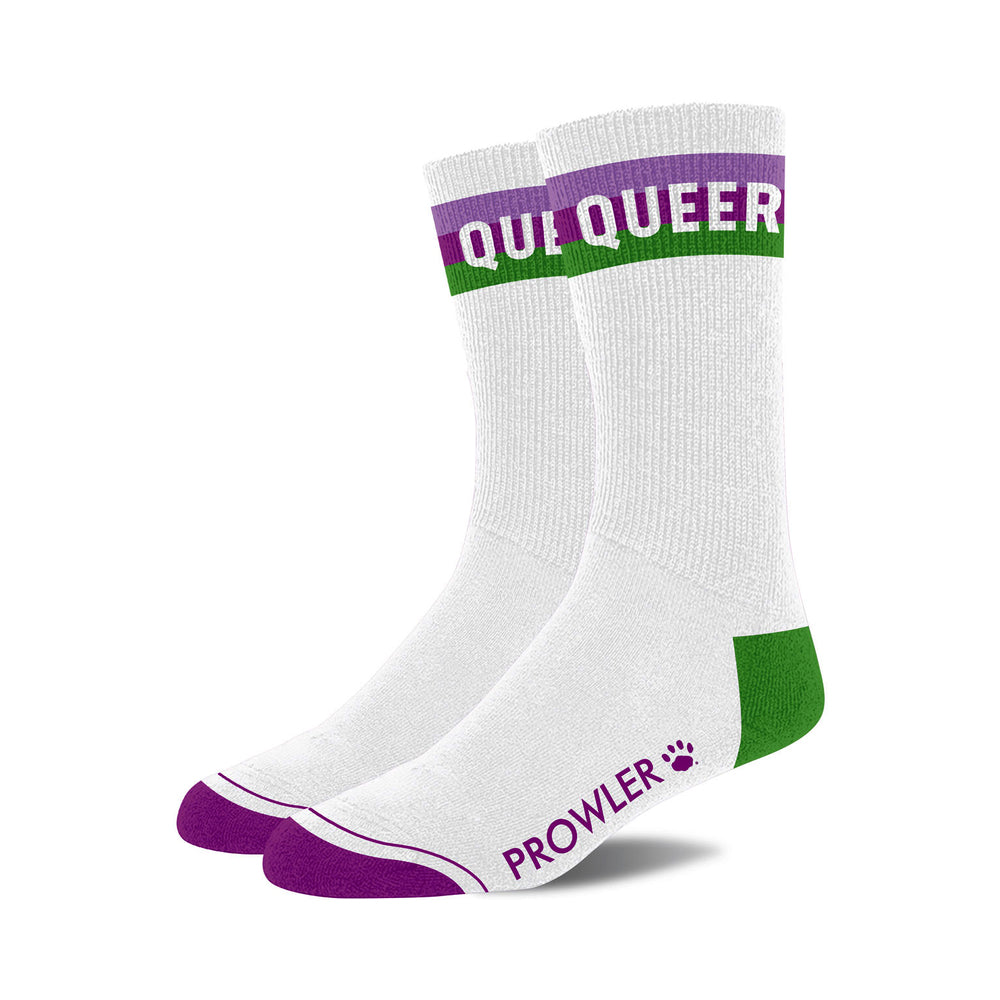 Prowler Queer Socks pair of white Prowler Queer socks with purple toes, green heels and striped cuffs