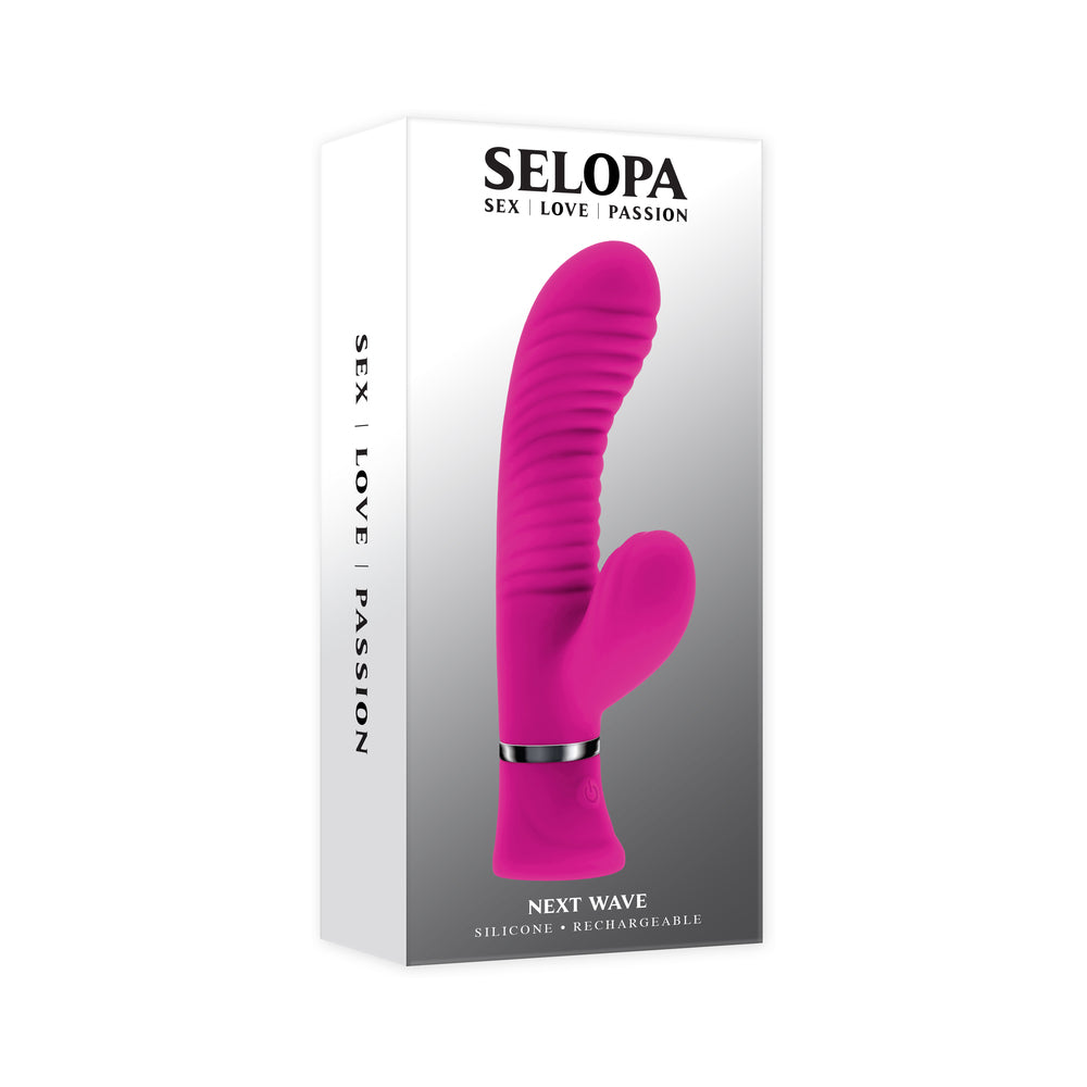 Selopa Next Wave Rechargeable Vibrating Dual Stimulator Silicone Pink Selopa Next Wave hot-pink dual stimulator inside tall white retail box