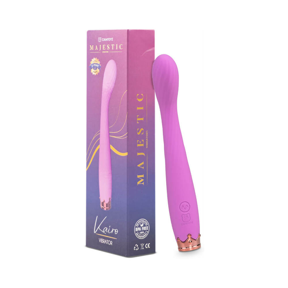 Camtoyz Thin Vibrator Kairo Camtoyz Kairo magenta thin vibrator beside tall purple retail box