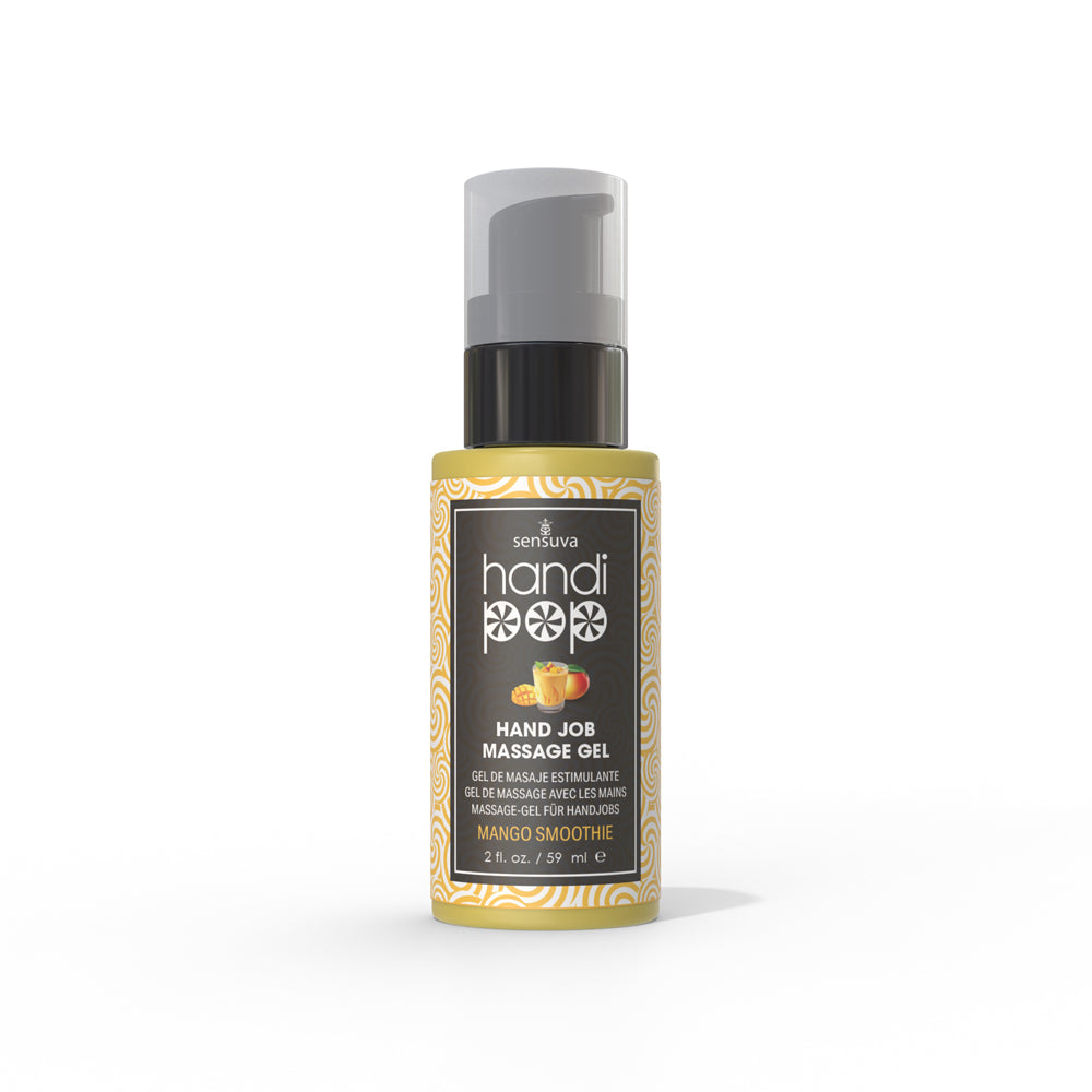 Sensuva HandiPop Edible Hand Job Massage Gel Mango Smoothie 2 oz. Sensuva HandiPop Mango Smoothie massage gel bottle with yellow label