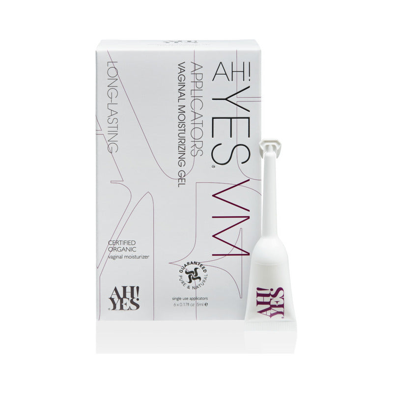 AH! YES VM Vaginal Moisturizing Gel Applicator 6-Pack 0.17 oz. AH YES VM six-applicator box with one white applicator