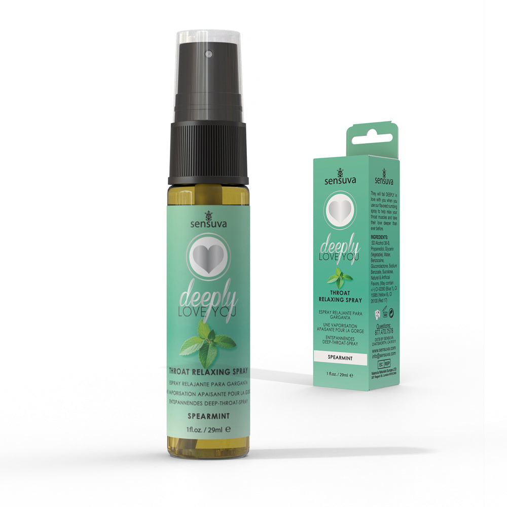 Sensuva Deeply Love You Throat Relaxing Spray Spearmint 1 oz. Sensuva Spearmint spray bottle beside mint-green Deeply Love You carton