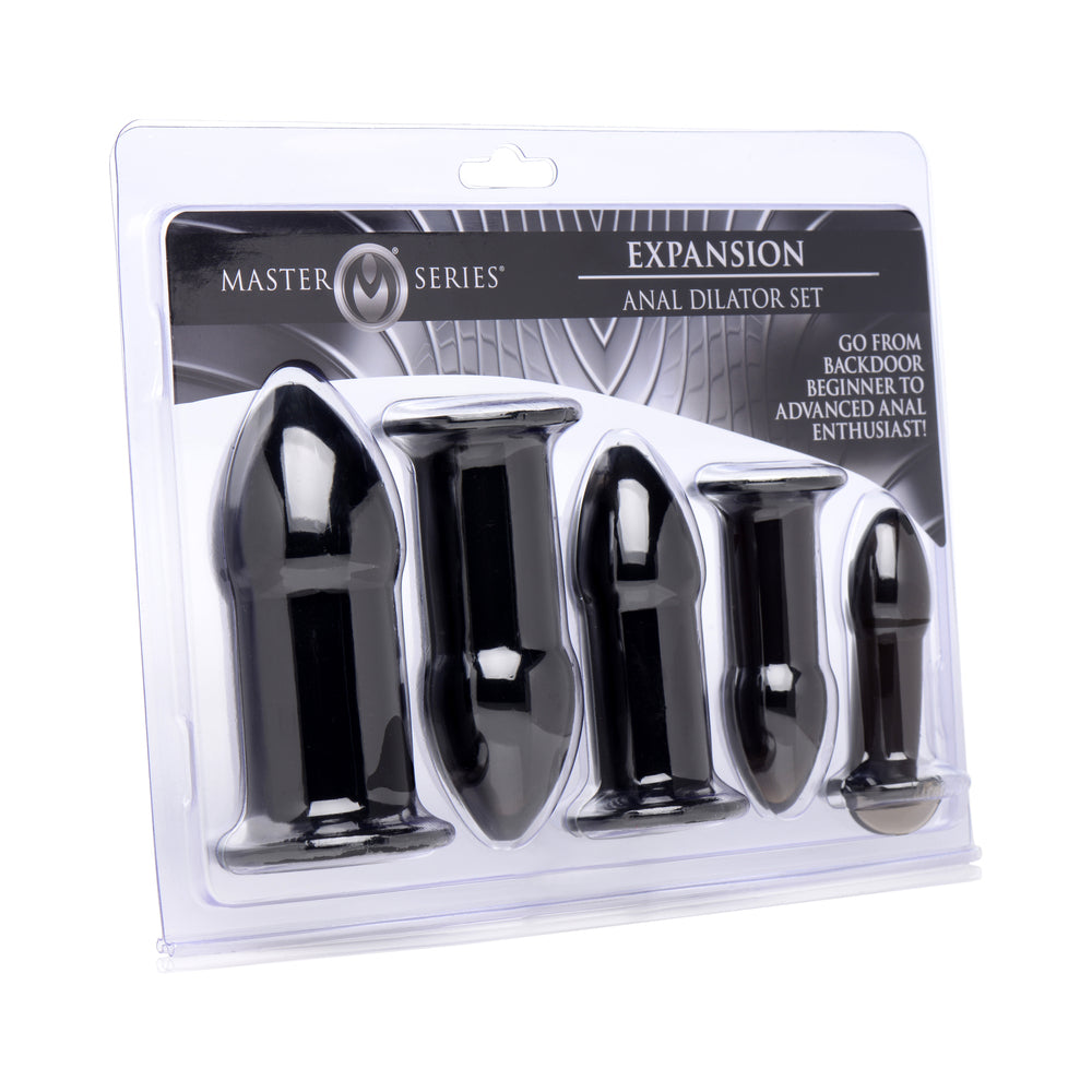 Master Series Expansion Anal Dilator Set five black Master Series Expansion TPE anal dilators arranged in blister pack