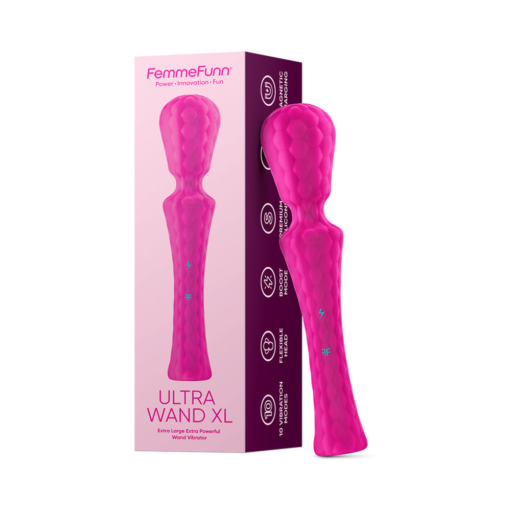 FemmeFunn Ultra Wand XL Rechargeable Flexible Textured Silicone Vibrator Pink Hot pink FemmeFunn Ultra Wand XL beside retail box