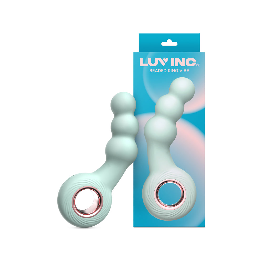 Luv Inc Br15: Beaded Ring Vibe Green aqua Luv Inc BR15 three-bead ring vibrator beside its teal retail box