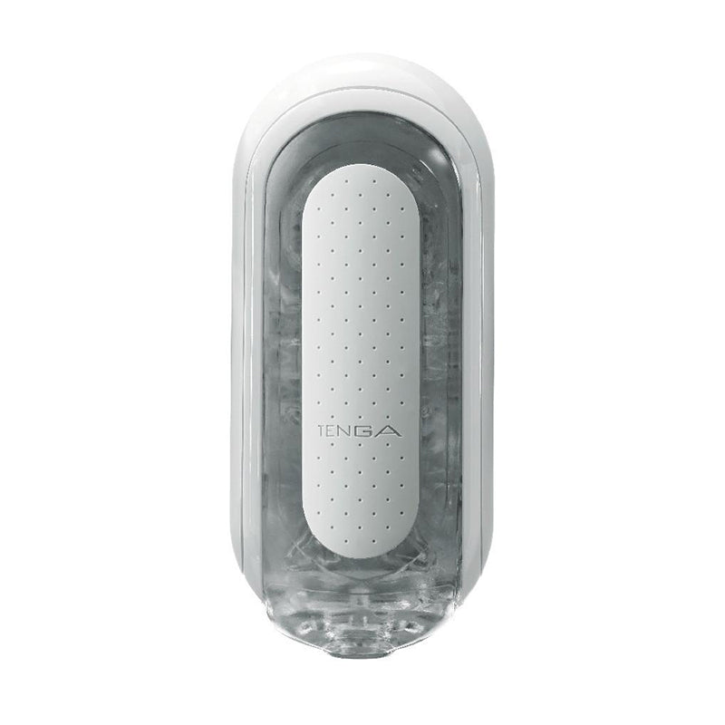 Tenga Flip Zero White masturbator clear rounded rectangular shell with white oval panel and dotted surface details