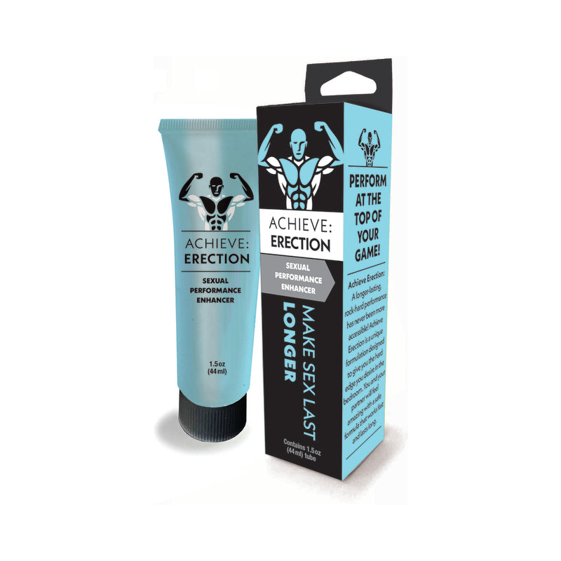 Achieve: Erection Sexual Performance Enhancer blue 1.5 oz Achieve Erection cream tube beside coordinated black and blue box
