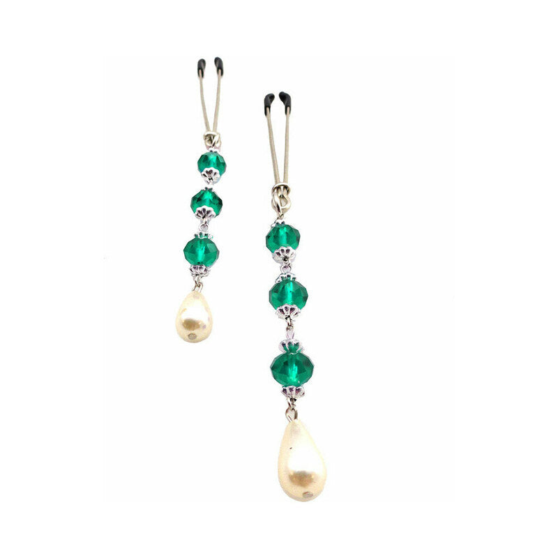 Bijoux de Nip Pearl Turquoise Beaded Nipple Clamps pair of chrome-tone nipple clamps with turquoise beads and pearl teardrops