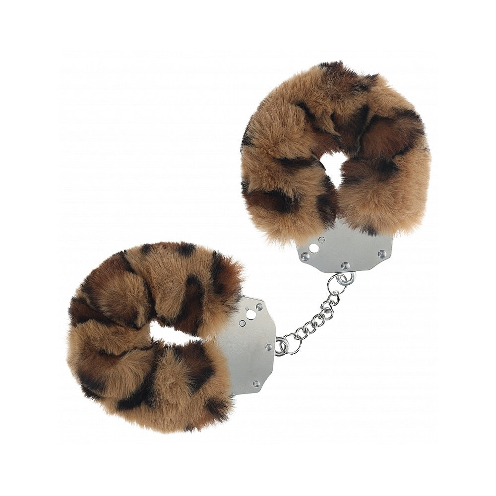 Ouch! Heavy-Duty Fluffy Handcuffs Leopard Shots Ouch leopard-print fluffy iron handcuffs joined by a short silver chain
