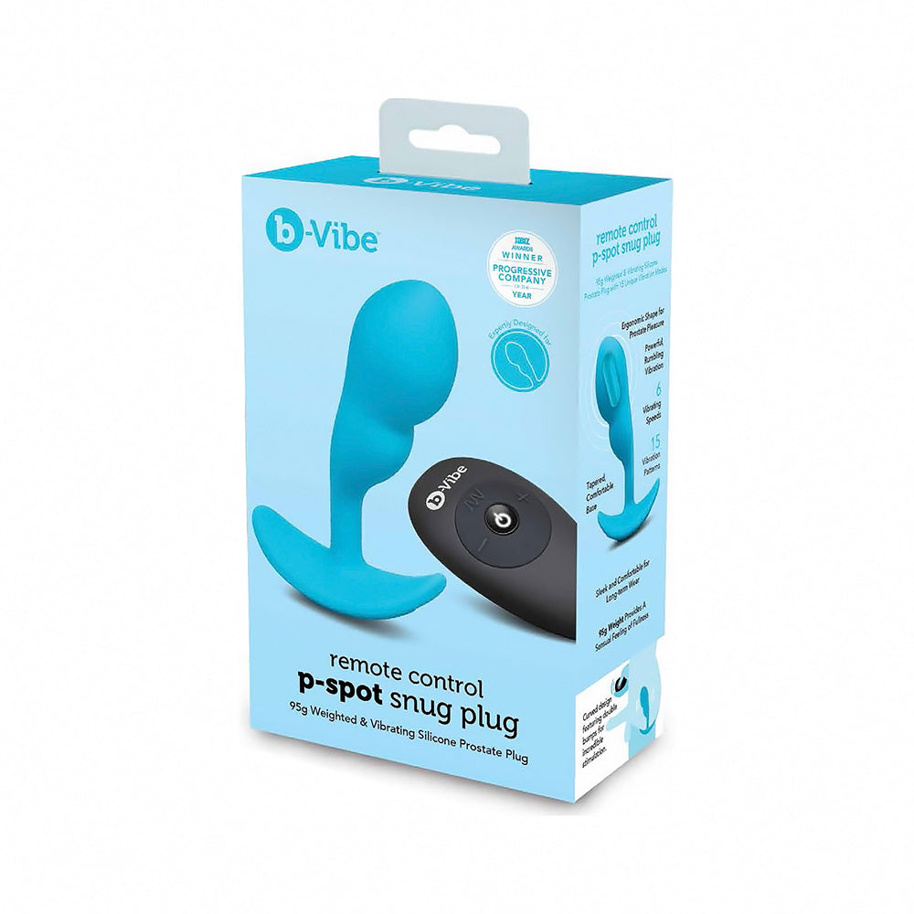b-Vibe Vibrating P-Spot Snug Plug Small with Rechargeable Remote Control blue small b-Vibe P-Spot Snug Plug with rechargeable remote pictured on box