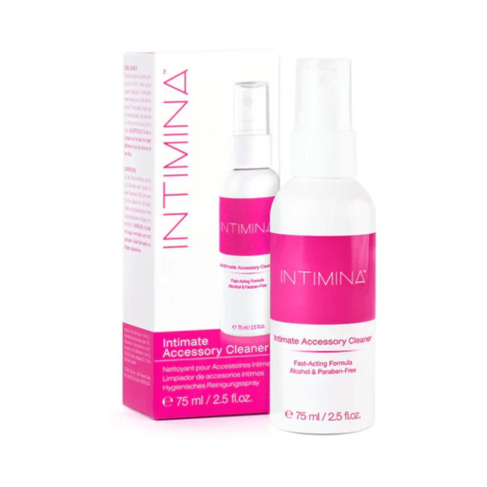 INTIMINA Intimate Accessory Cleaner 75 ml / 2.5 oz. INTIMINA accessory cleaner spray bottle with clear cap and pink white box