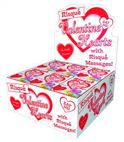Risque Valentine''s Day Boxed Candy Little Genie Risque Valentine heart candy cartons in a pink and white countertop case